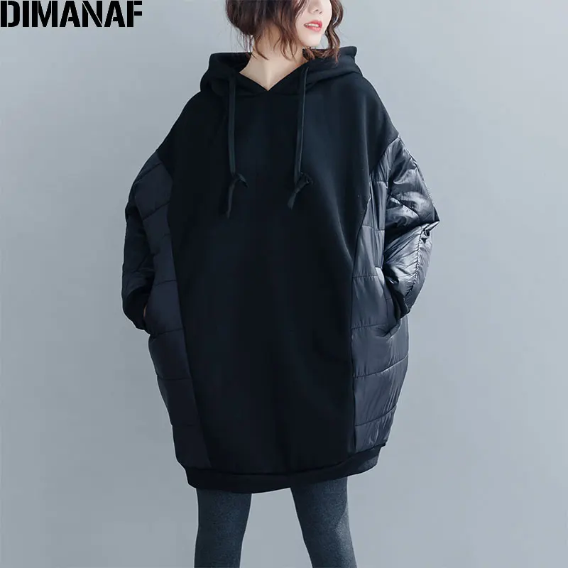 

DIMANAF Autumn Winter Oversize Women Hoodies Sweatshirts Female Lady Tops Pullover Hooded Cotton Thicken Flocking Black Spliced