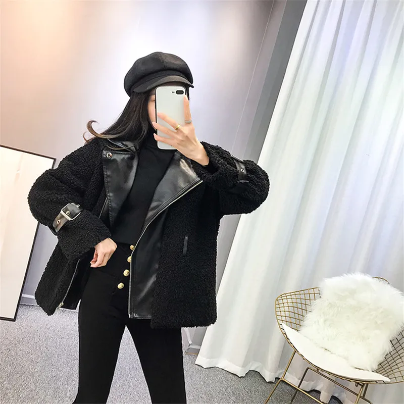 black coat MUMUZI новые зимние женские пальто из овчины утолщенное Женское пальто из искусственной кожи с мехом меховая подкладка кожаная куртка Авиатор - Цвет: black coat