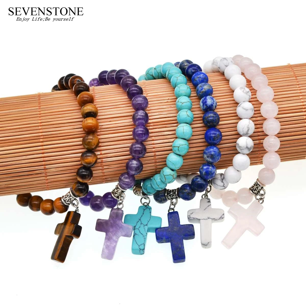 

SEVENSTONE 2019 New Pink Quartz Heart Charm Bracelets 8mm Beaded Healing Crystal Chakra Yoga Bracelet Woman Mujer Femme Jewelry