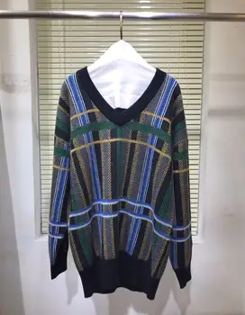 

Runway Designer Sweater femme 2020 Autumn Striped Plaid Color Patchwork V-Neck Women Cashmere Hot Sale Sweater