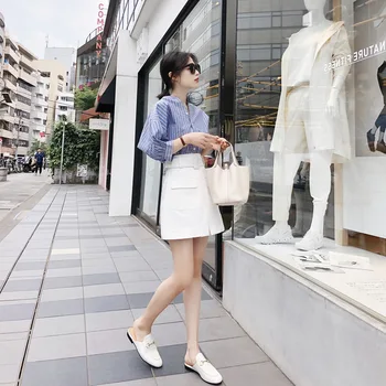 

Blue Striped Top + White Skirt Two Pieces Set Club Outfit Women V Neck Half Sleeve White Top And Black Skirt Sexy Summer