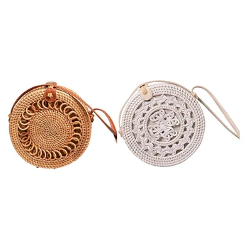 

Bali Round Rattan Crossbody Bag with Spiral Decoration Vintage Literary Women Button Woven Rattan Sling Bag