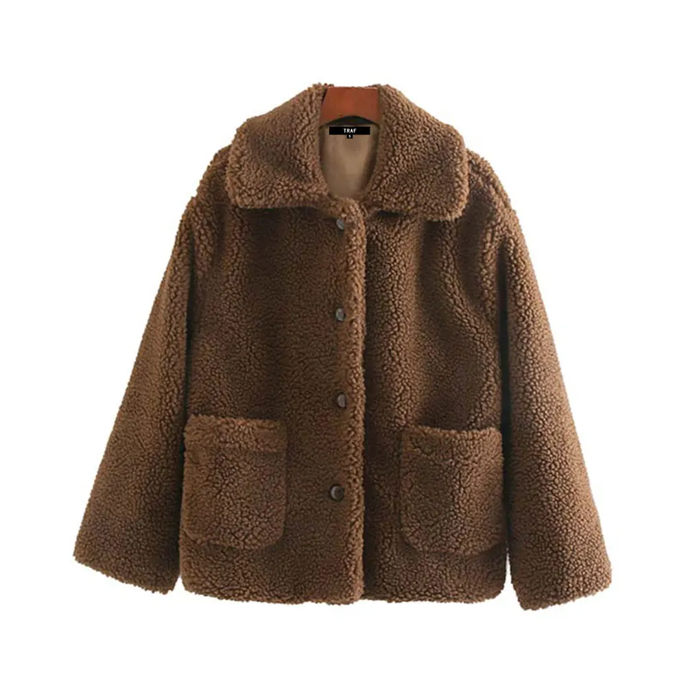 TRAF, Женская винтажная стильная Толстая теплая зимняя флисовая куртка из искусственного меха, модное пальто с длинным рукавом и карманами, женская верхняя одежда, шикарные топы - Цвет: as picture