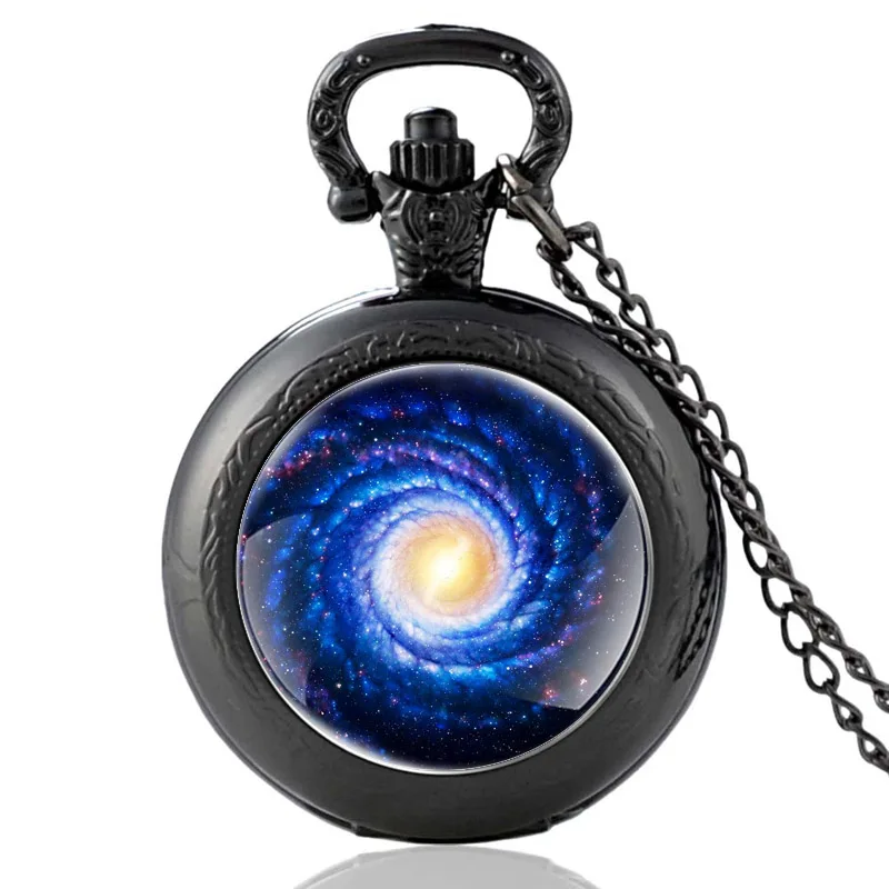 Galaxy Blue Milky Way Дизайн FOB черные винтажные кварцевые карманные часы с подвеской