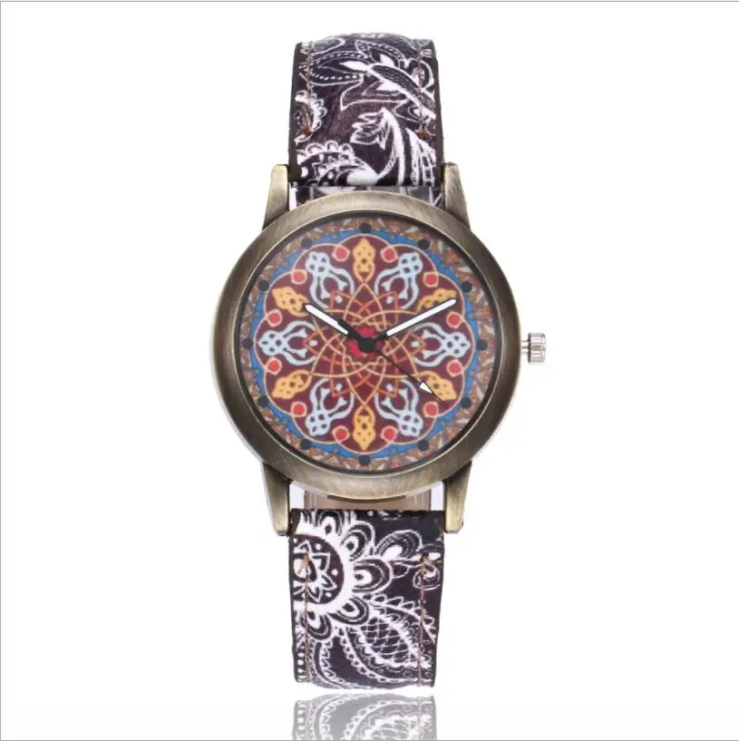 

New Fashion Bohemian Embossed Flowers Small Ladies Printed Belt Dial Watch Girl Watches Women Female Student Quartz Watch