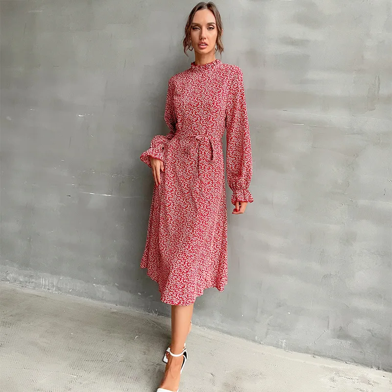 

2021 New European and American Women's Printed Medium Long Half High Collar with Lace up Long Sleeve Bottomed Dress