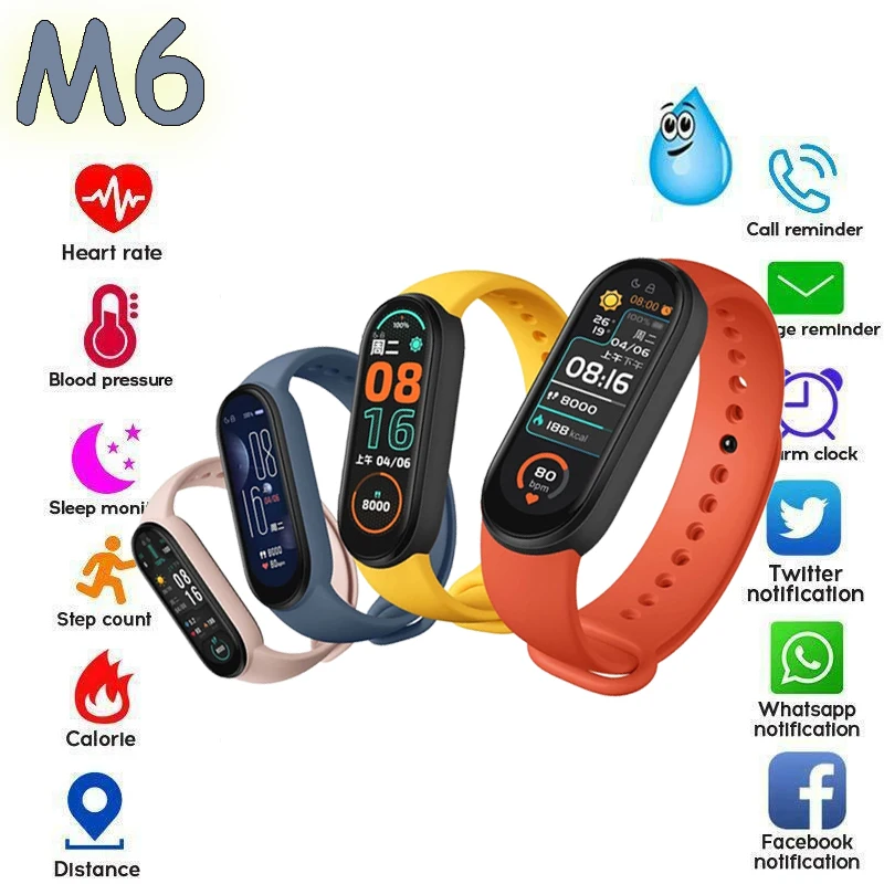 M6 Smart Bracelet Watch Men Women Heart Rate Monitor Bluetooth Sports Band Smartwatch Waterproof for Redmi Xiaomi | Спорт и