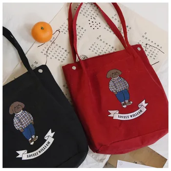 

2020 New Women Corduroy Shoulder Bag Lovely Bear Print Striped Canvas Handbag Eco Cloth Tote Cute Soft Bags For Ladies