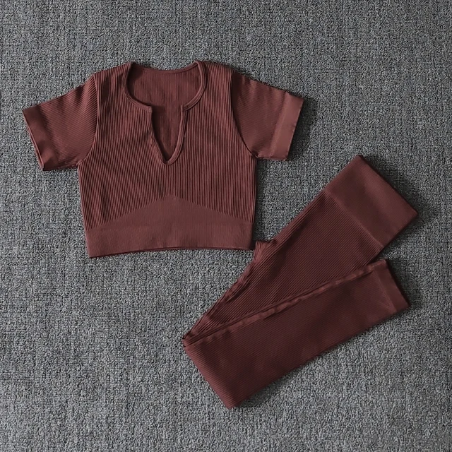 2/4/6PCS Seamless Women Yoga Set Workout Sportswear Fitness Bra Sport Pants Gym Clothing High Waist Leggings Shorts Sports Suits Brown