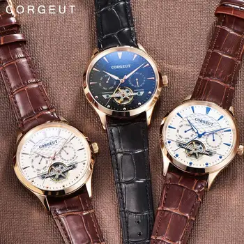 

Skeleton Mechanical Automatic Watch Men Corgeut Sport Stainless Steel Moon Phase luminous Rose Gold Leather Hombre Wrist Watches
