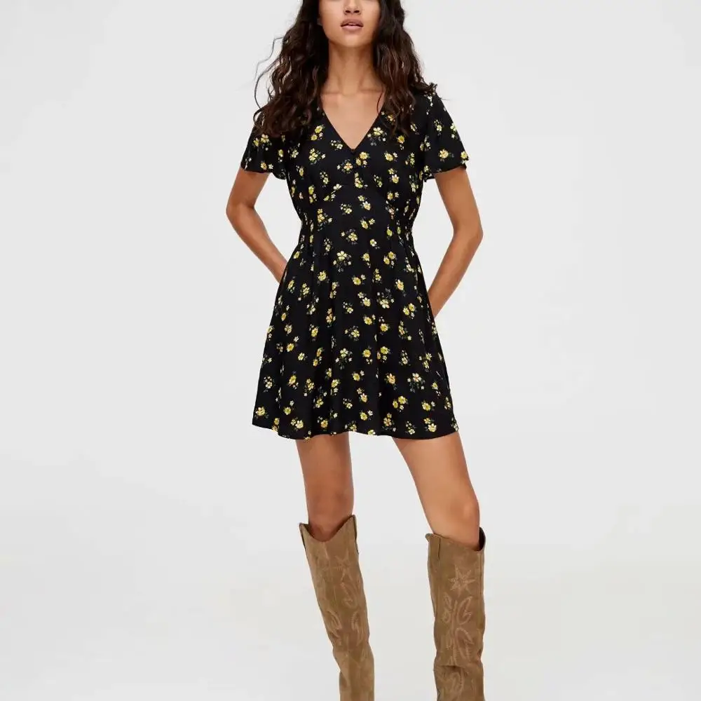 Женское шифоновое платье ZA черное винтажное с цветочным принтом и коротким