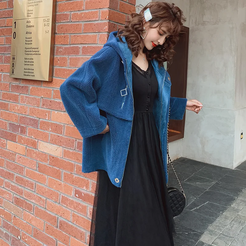 

2019 Autumn And Winter New Style Korean-style Loose-Fit Long Sleeve Zipper Hooded Mid-length Plush Coat Elegant Commuting WOMEN'