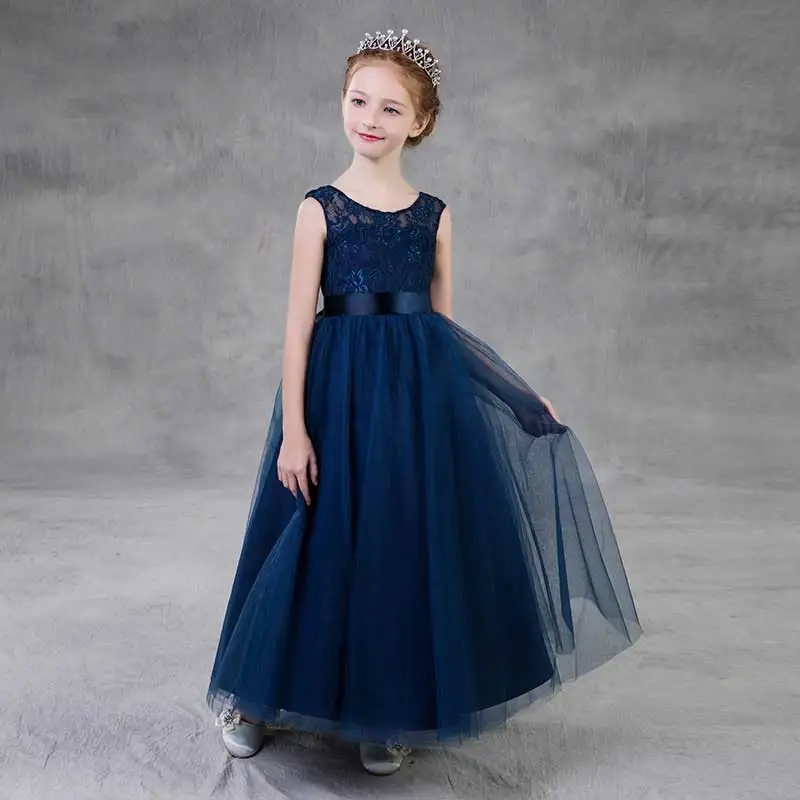 navy blue Темно-синие тюлевые платья для девочек, держащих букет невесты на свадьбе, Длинные Детские торжественные платья без рукавов, Детские вечерние платья - Цвет: navy blue