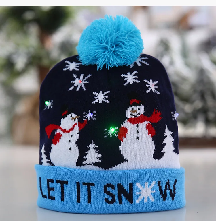 Рождественские украшения, шерстяной шар, вязаная шапка, светодиодный светильник, шапка для детей и шапка для взрослых