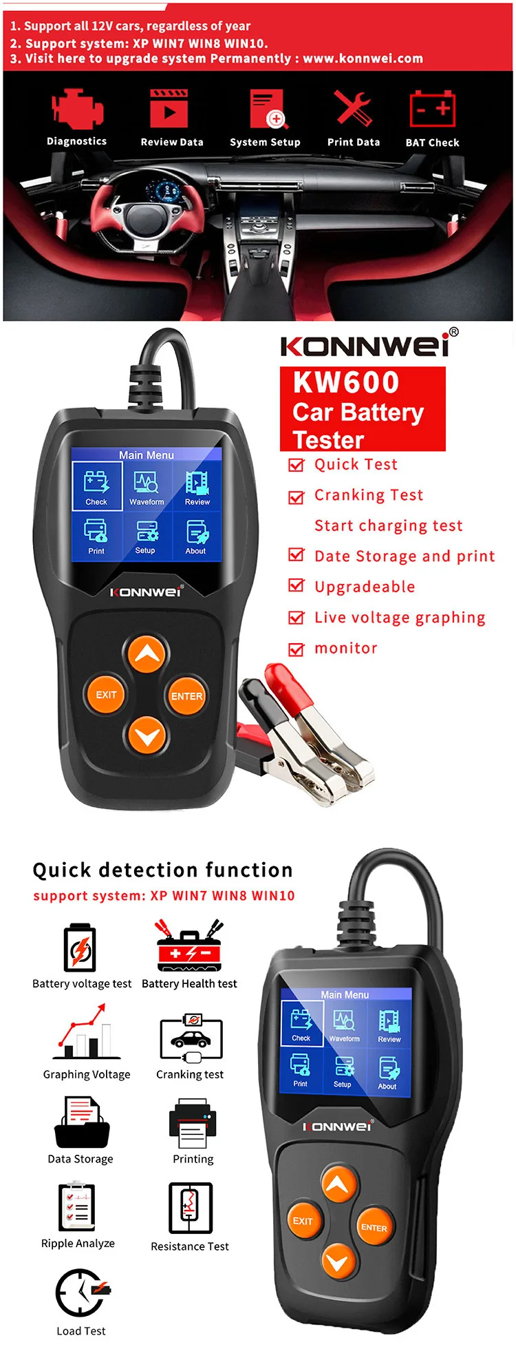 on Cranking System KW600 R0L2 KONNWEI Professional Car Battery Tester 
