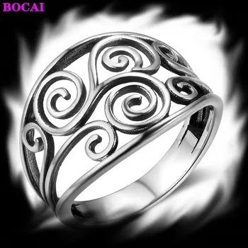 

S925 sterling Silver women's Ring retro Thai silver 2020 new style fashion female jewelry simple hollow pure silver personality