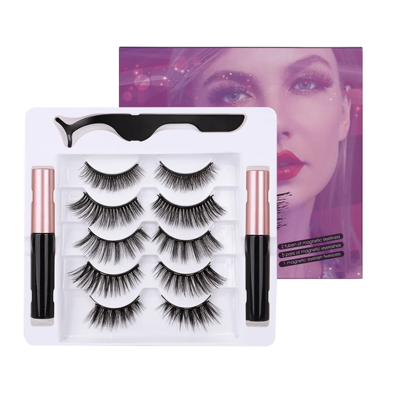 

5 Pairs 3D Magnetic False Eyelashes Eyeliner Set Waterproof Natural Long Magnet Eyelashes Extension Set with 2Pcs Eyeliner