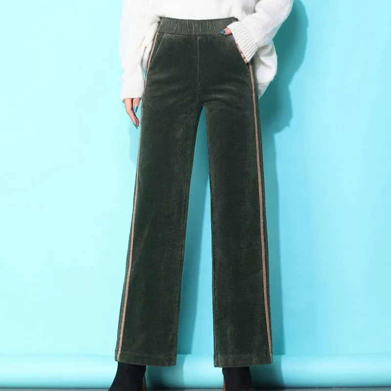 S-4XL, Осенние вельветовые брюки для женщин, однотонные свободные женские брюки, новые брюки больших размеров, женские широкие брюки с высокой талией - Цвет: Зеленый
