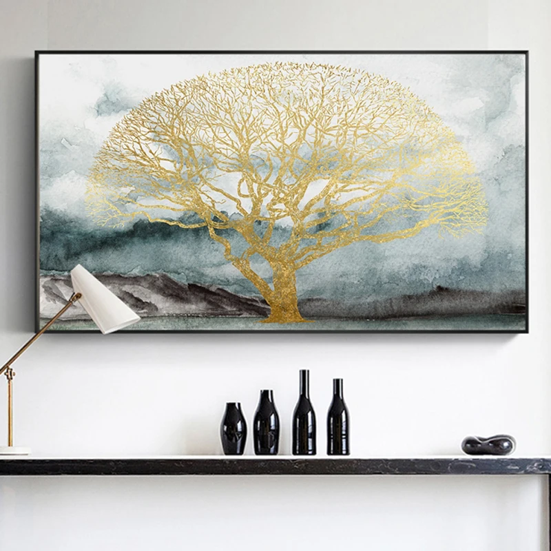 Pintura Mural abstracta de arte para sala de estar, póster de lienzo de árbol dorado de Color agua e impresión para pared del dormitorio, arte de La Imagen 3-26