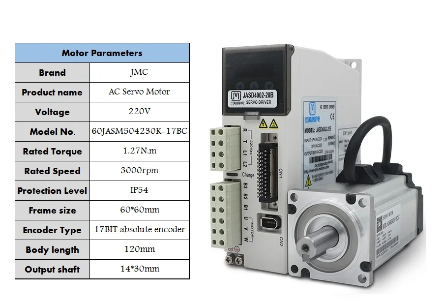 JMC 1.27NM 60mm 220V 400W 3000rpm AC Servo Motor & Drive Kit 17Bit Encoder for CNC Machine 60JASM504230K-17BC+JASD4002-20B-NO1