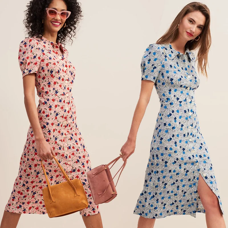 

Patads French light luxury minority spring and summer playful retro small Lapel floral print bubble sleeve dress