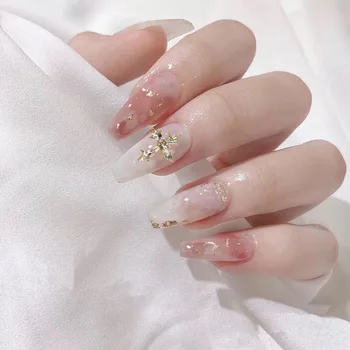 

24pcs/box press on nails coffin Halo dyeing gold pink Diamond inlay Manicure patch false nails with glue for girls