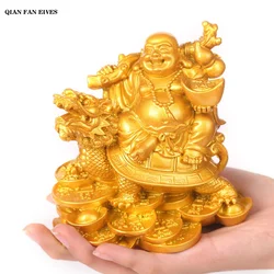 Resin God of Wealth Laughing Buddha Statue，Modern art sculpture，Chinese Home Feng Shui Dragon Turtle Decoration Figurines statue