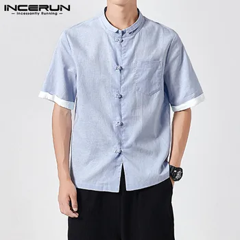 

INCERUN Chinese Style Men Shirt Summer Patchwork Short Sleeve Cotton Casual Blouse Vintage Lapel Button Up Brand Shirts Men 2020