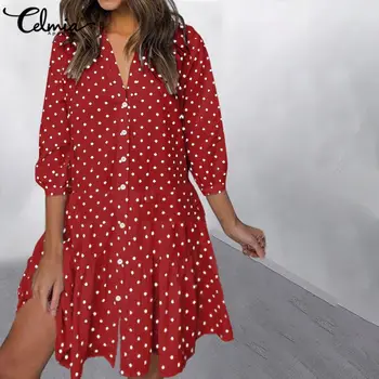 

Celmia 2020 Summer Red Polka Dot Print Dress Women Bohemian Sexy Mini Sundress Casual V neck Fashion Ruffles Party Vestidos Robe