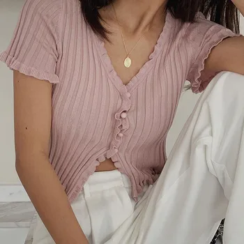 

Elastic Knitted Crop Tops Summer 2020 Knit Sweater Female Women Ruffle Trim Knit Cardigan with Short Sleeve Deep V Neck Crop