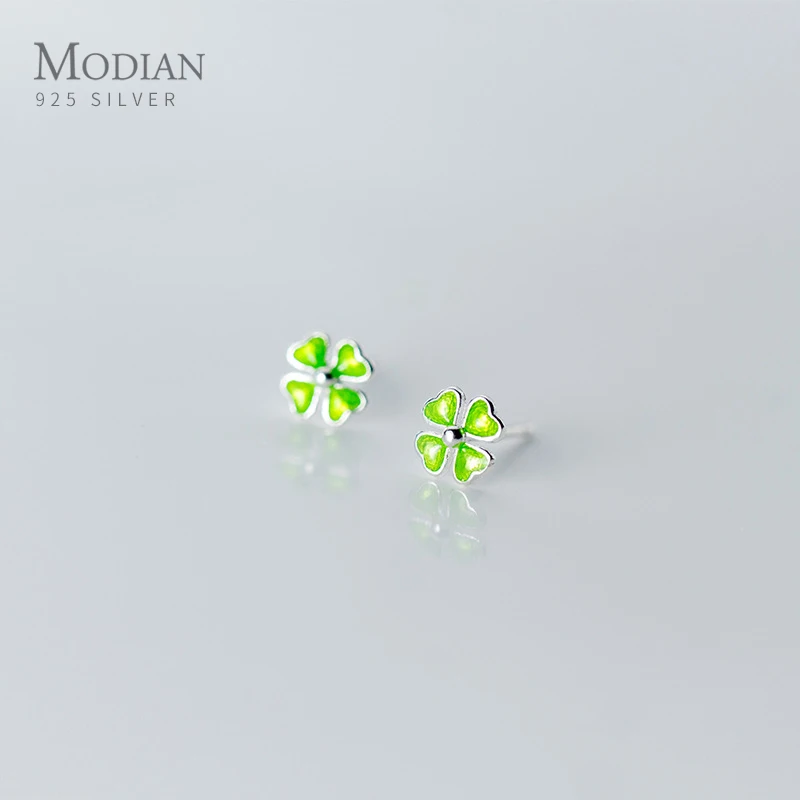 

MODIAN Minimalist Plant Stud Earring for Women Pure 925 Sterling Silver Green Enamel Four-Leaf Clover Ear Pin Fine Jewelry Gift