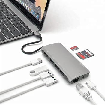

USB 3.0 Adapter Type C HUB With HDMI RJ45 PD Charger Card Reader USB HUB 8-in-1 Multi USB 3.0 Type C HUB