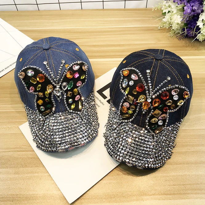 Spring Summer Cowboy Hat Butterfly Color Rhinestone Baseball Hat Sunscreen Women Sunshade Hat Duck Tongue Girl Fashion Pink ball caps for women