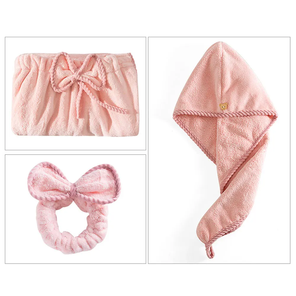 Пикантные спа банные полотенца из бархата кораллового цвета, комплект из 3 предметов, банный халат, ночная рубашка, Ins, для девочек, с бантом, шапка, юбка - Цвет: light pink