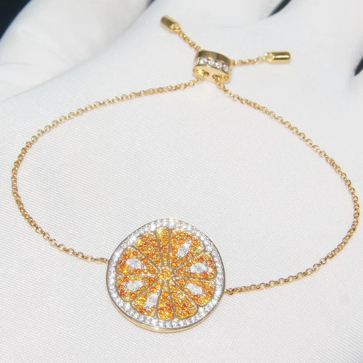 Модный летний пляжный браслет с подвесами в виде лимонов Серебро cz кристалл оранжевый браслет с подвесами в виде лимонов персональный фруктовый браслет Регулируемая цепочка Ювелирные изделия
