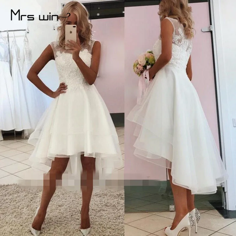 Свадебное платье Mrs win с круглым вырезом, кружевное пляжное свадебное платье, платье с высоким вырезом, Короткое свадебное платье, HR037