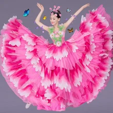 Для женщин лепесток танцевальное платье с широкой юбкой вальс ча-ча испанский пасадобль плиссированная юбка Бальные Косплэй костюм 803-475