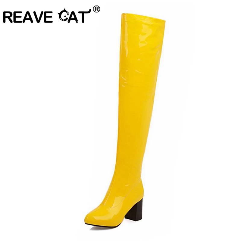 REAVE CAT winter Pointed Square Thick heels Over the knee long Boots Sexy Plus velvet Keep warm High heels Women boots Zipper