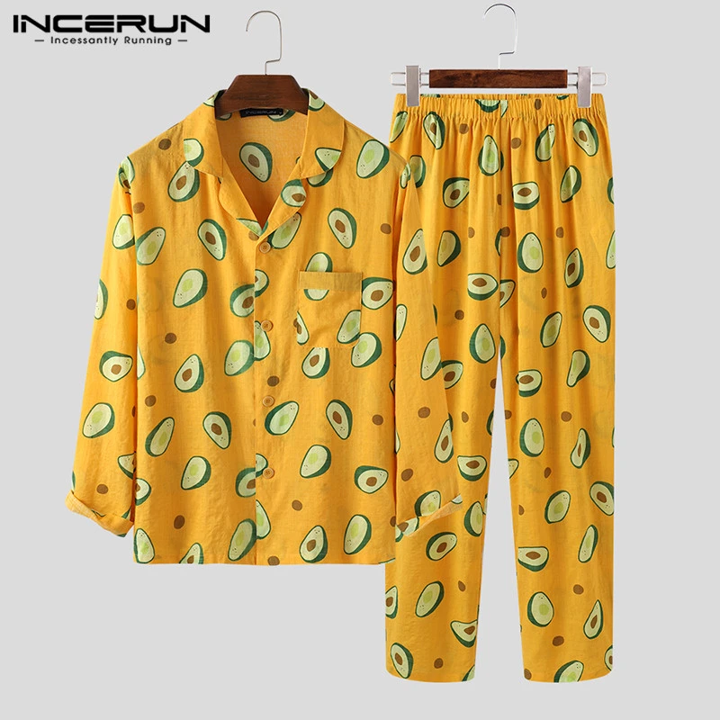 Men Pajamas Sets Fruit Printed Long Sleeve Cozy Homewear Nightwear Pants Button Leisure Soft Sleepwear Sets 2 Pieces INCERUN 7 men's pajama sets