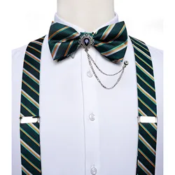 Mens Silk Suspender Bow Tie Set 6 Clips Braces Y Shape Suspenders For Wedding Party Men Accessories With Brooch Chain DiBanGu