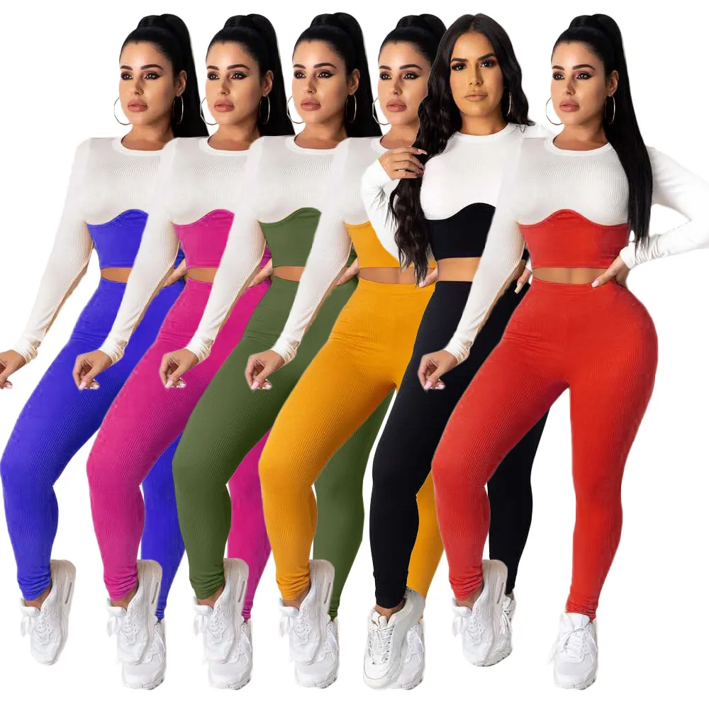 

Women autumn New fashion Casual patchwork two piece sets outfits long sleeve O-neck short Tops High waist slim body pants
