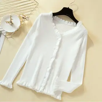 

Fall Winter Casual V-Neck Oversize Sweaters Button Knitting Ruffles Cardigans Korean Style Single Breasted Sweaters