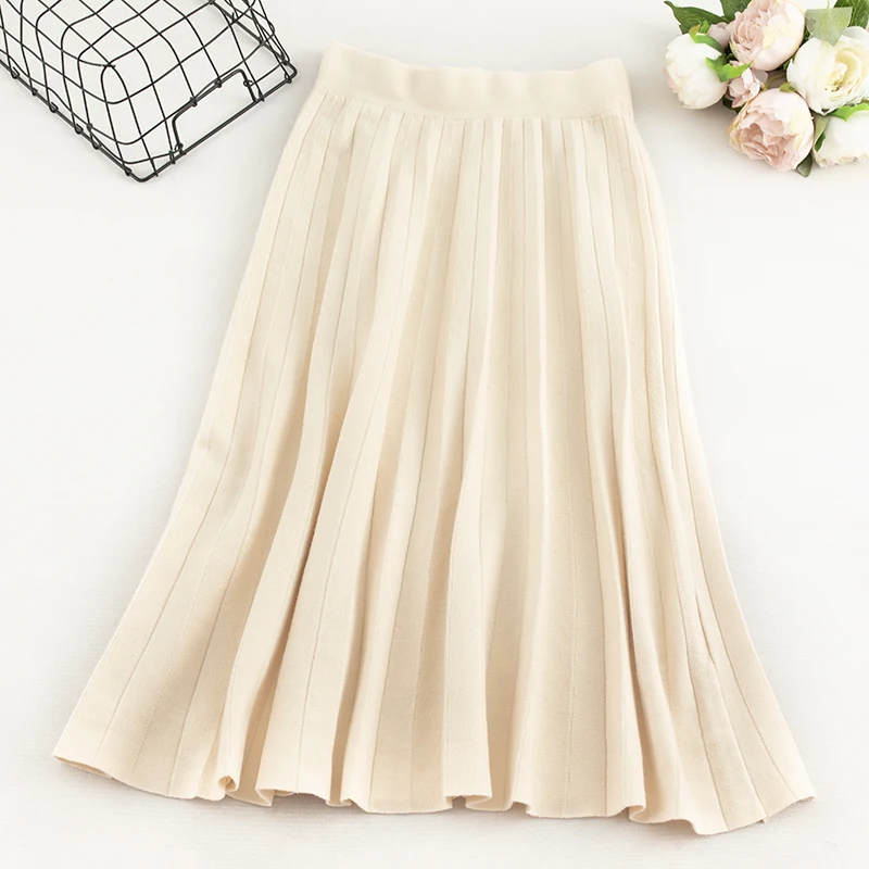 SINGRAIN Women Long Knitted Pleated Skirt Winter Warm High Waist Skirt Autumn Elastic Midi Long A-Line Stripe Knit Sweater Skirt