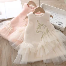 Бархатные платья с единорогом для маленьких девочек; Детские платья без рукавов на осень и зиму; одежда для маленьких девочек