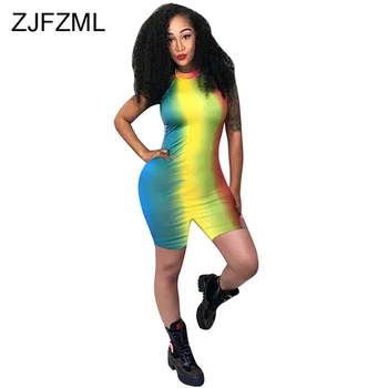 

Sexy Club Rainbow Gradient Skinny Overall for Women Halter Sleeveless Bandage Jumpsuits Summer Backless Bodycon Short Playsuit