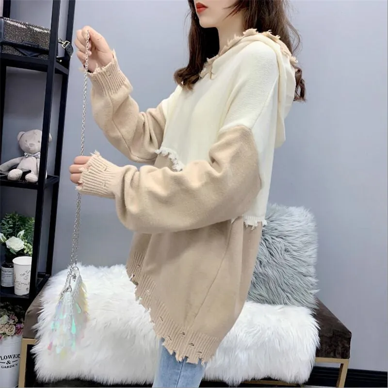 Свитер женский свободный весна и осень 2019 новый длинный рукав сплошной цвет с