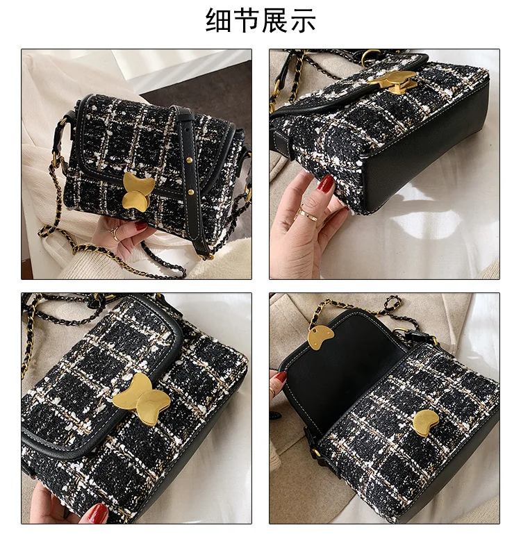 

2019 Winter New Style WOMEN'S Bag Ladies' Korean Style Trapezoid Square Sling Bag Thousands of Birds Pattern Woolen Lock Shoulde