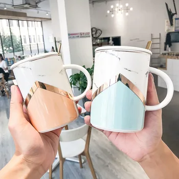 

420ML creative couple ceramic cup Nordic style coffee mug marbled ceramic cup covered handle spoon