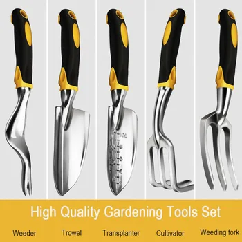 

Garden Tool Hand Trowel Rake Cultivator Weeder Tools with Silicone Handle 5pcs Garden Planting Digging Tool Set