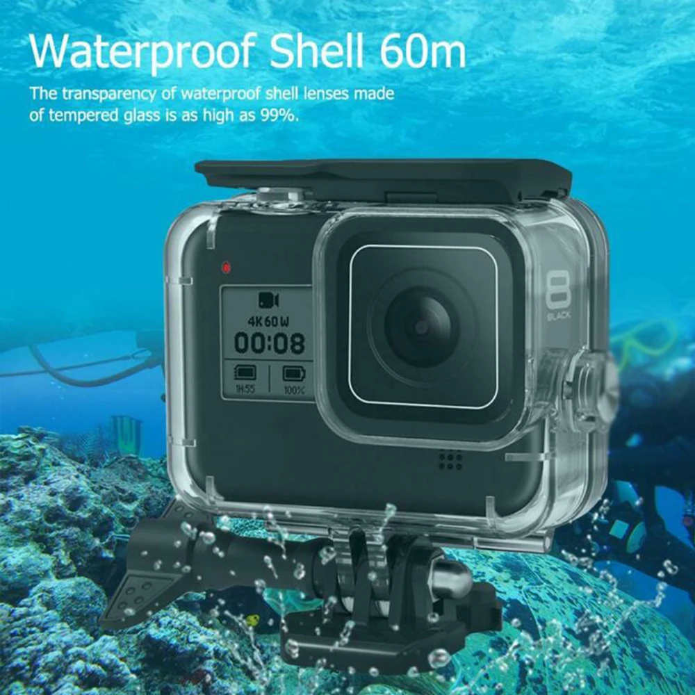 60 м подводный водонепроницаемый чехол для GoPro Hero 8 Защитный чехол Корпус черный объектив камеры 60 м Дайвинг аксессуары для плавания